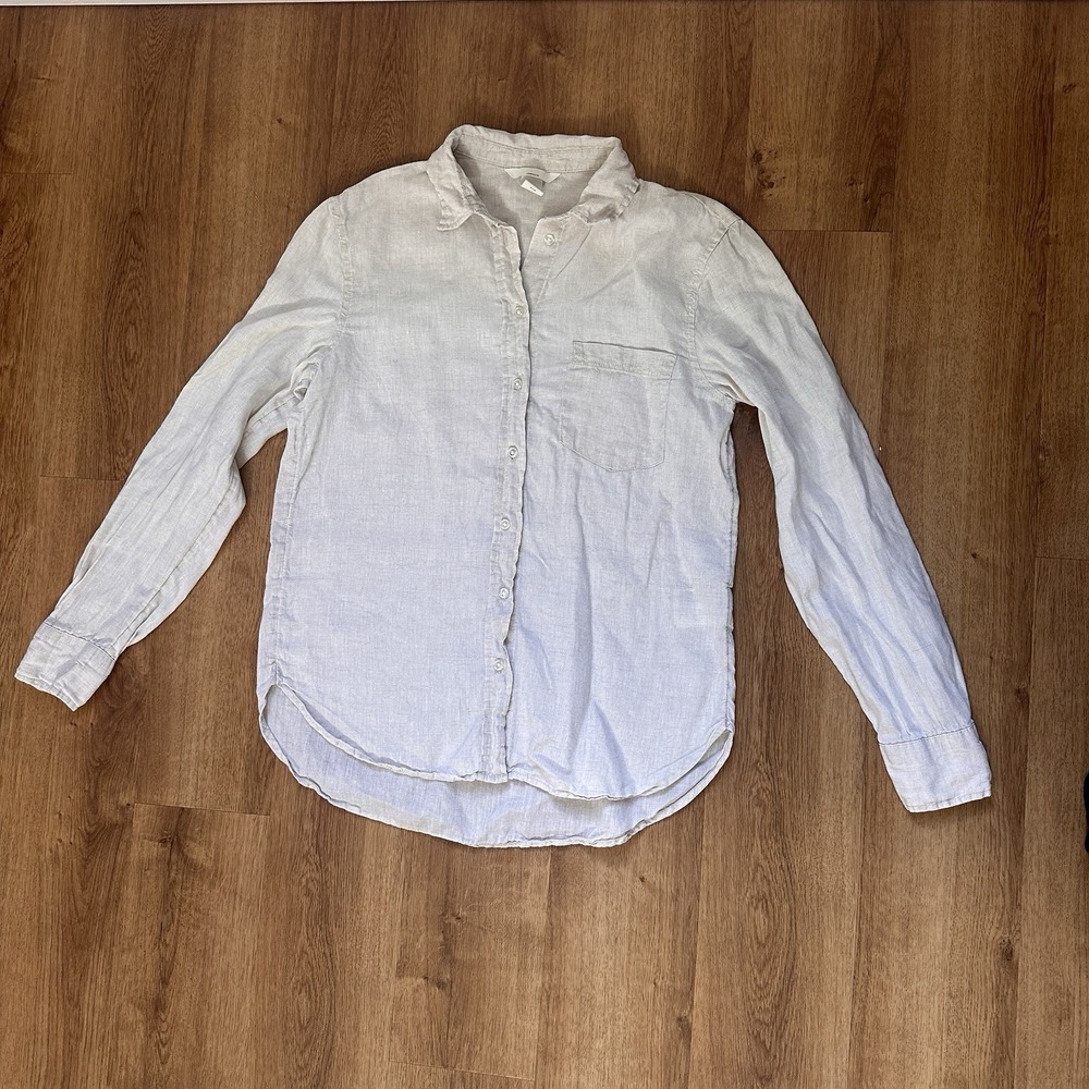 H&M 100% Linen Long Sleeve But Short Up Shirt In Natural Flax Color Size XS